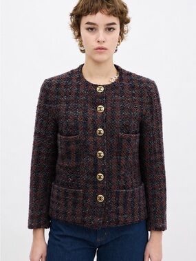 AUTHENTIC Chanel vintage Women's Tweed Button-Up Jacket in Burgundy Plaid